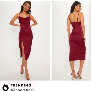 Burgundy Strappy Satin Cowl Midi Dress